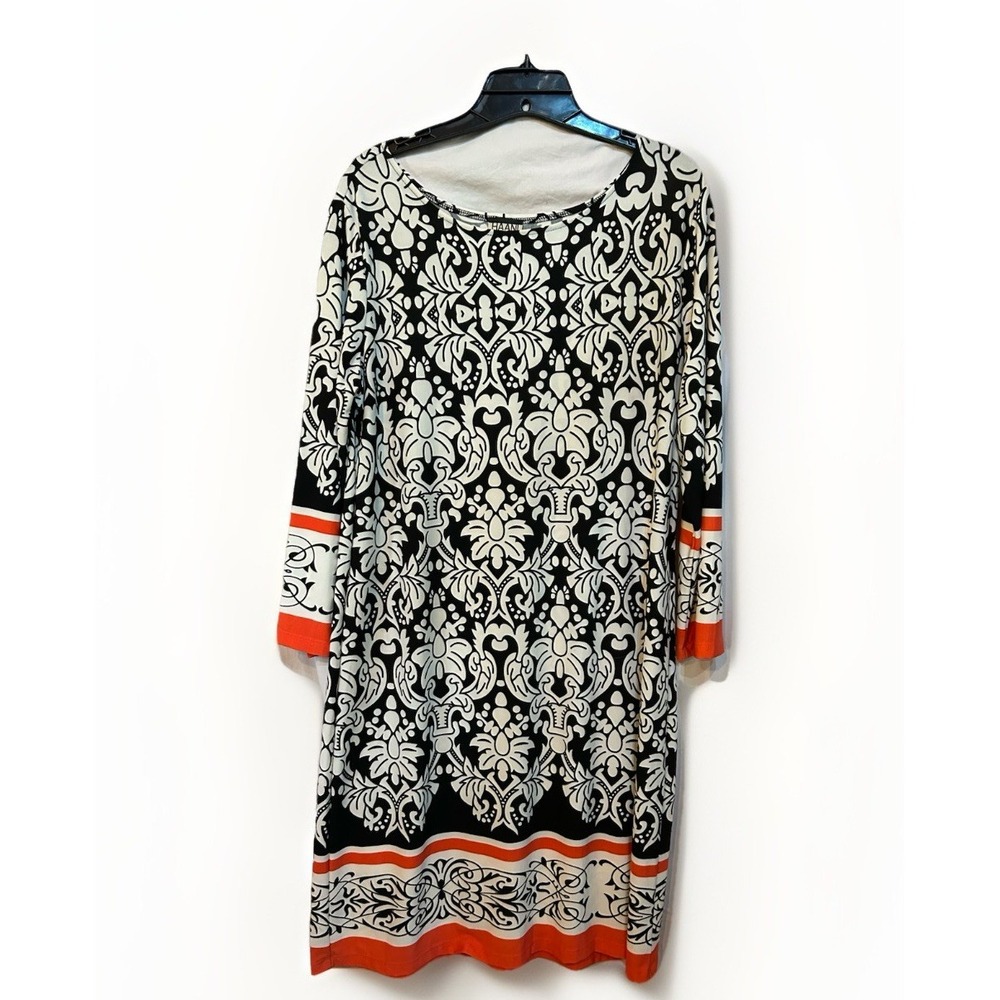 Hanni Dress Size XL Long Sleeve Paisley Floral Black White Orange Stretch